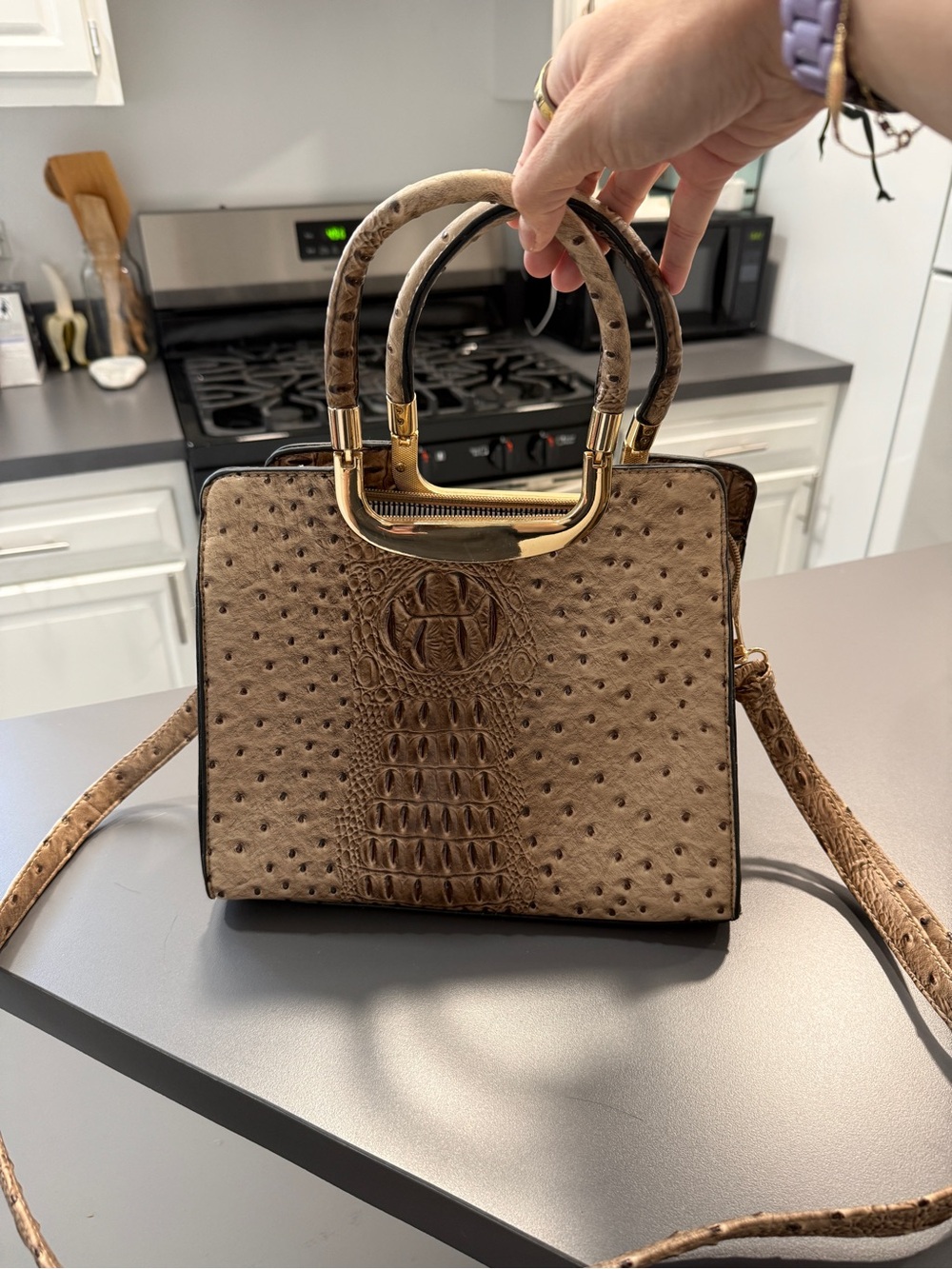 Mini Structured Satchel - Taupe Croc-Embossed Faux Ostrich